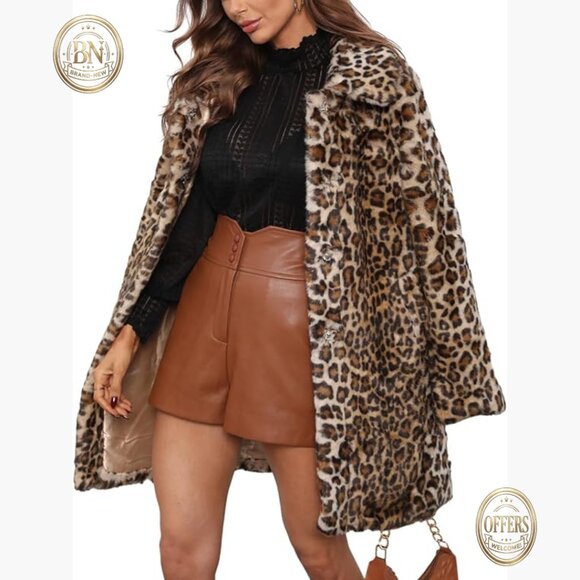 Jackets & Blazers - Leopard Print Faux Fur Sherpa Fleece Coat Jacket Overcoat